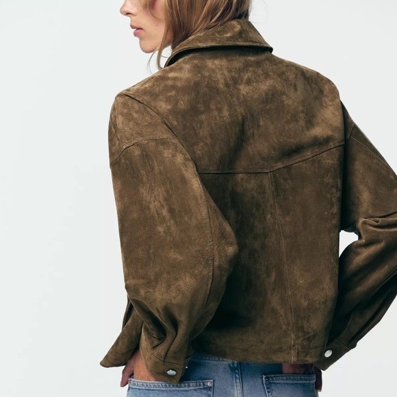 ZARA Suede Leather Bomber Jacket Pockets Outdoors Taupe Streetwear Brown Small - Picture 9 of 15